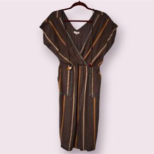 THML Brown Striped Midi Dress with V-Neck Boho Women's Large | EUC